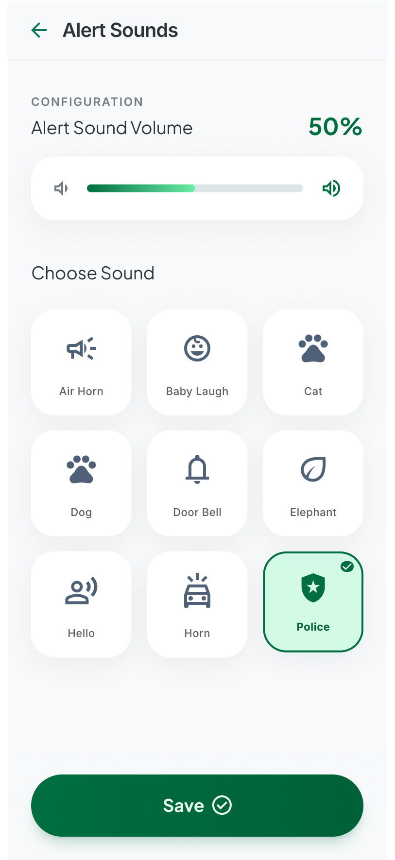 Alert sound selection interface with multiple preset tiles.
