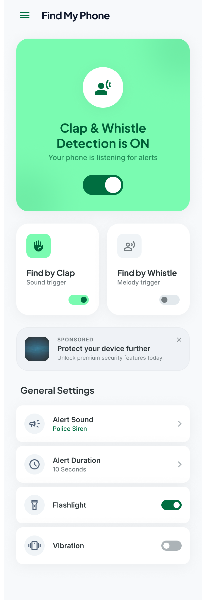 Anchor Phone Tracking dashboard showing clap and whistle controls.