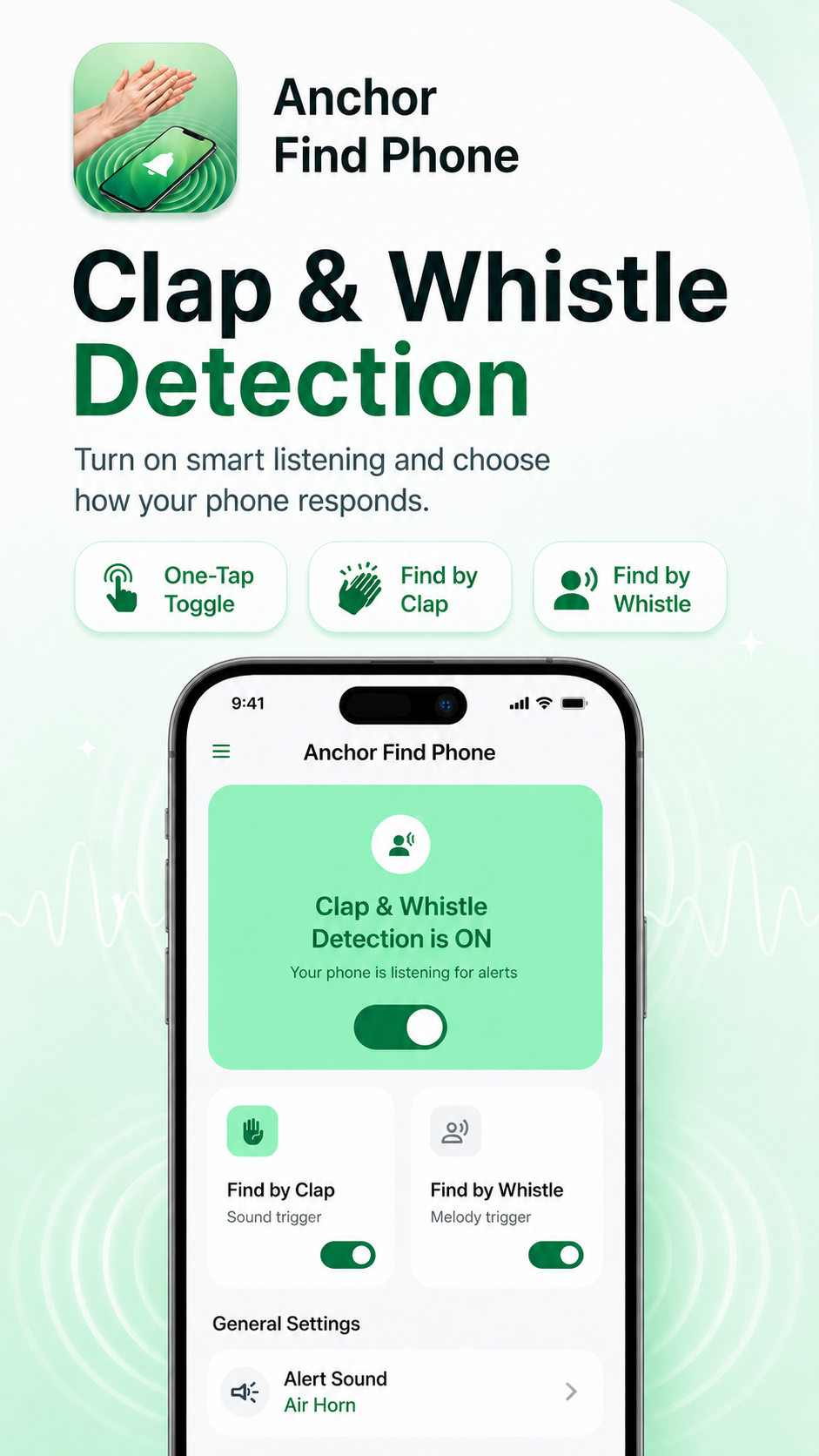 Anchor Find Phone clap and whistle detection controls.